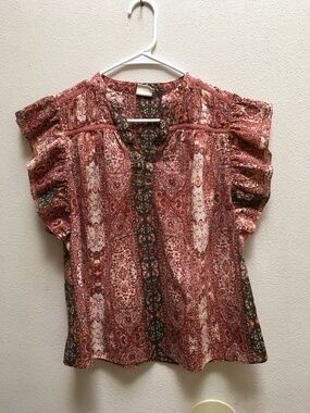 Good heart Sparkly Orange and Tan Caped Sleeve Blouse.